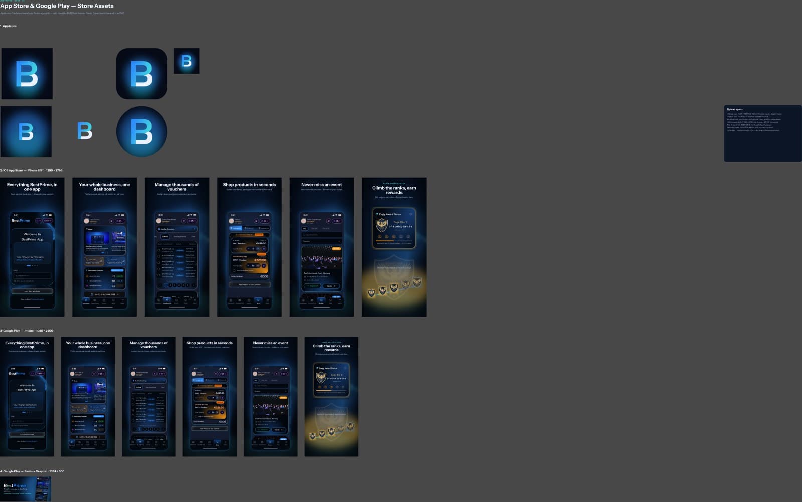 BestPrime store asset system — app icons, iOS and Play previews, feature graphic